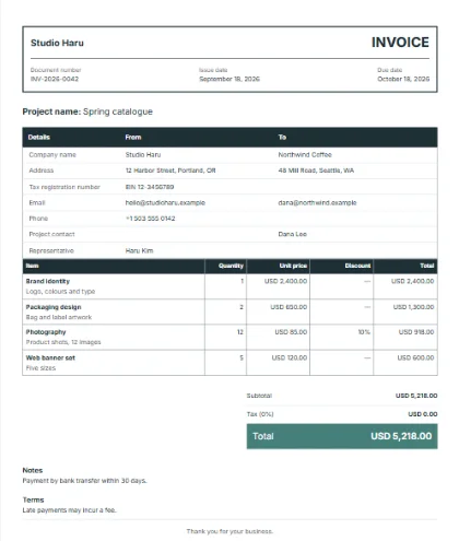 A sample invoice in the Cargo manifest design
