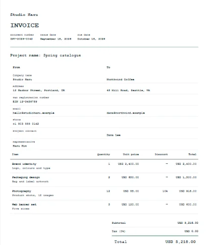 A sample invoice in the Typewriter design