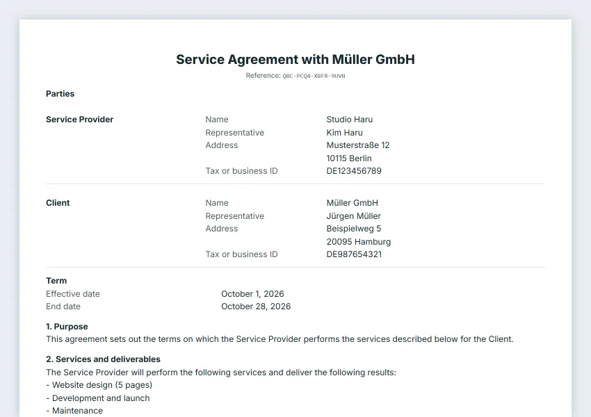 The first page of a contract in QuoteBill