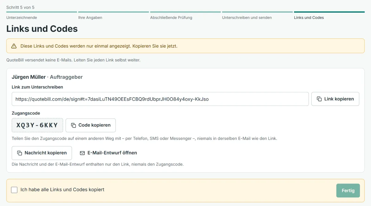 Der letzte Schritt beim Senden: der Link zum Unterschreiben und der getrennt weiterzugebende Zugangscode mit Kopierschaltflächen sowie der Hinweis, dass beides nur einmal angezeigt wird.