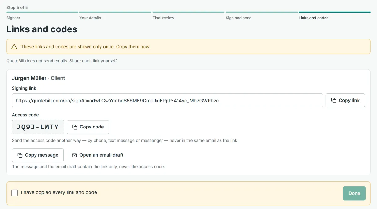 The last step of sending: the signing link and the separate access code with copy buttons, and a note that they are shown only once.