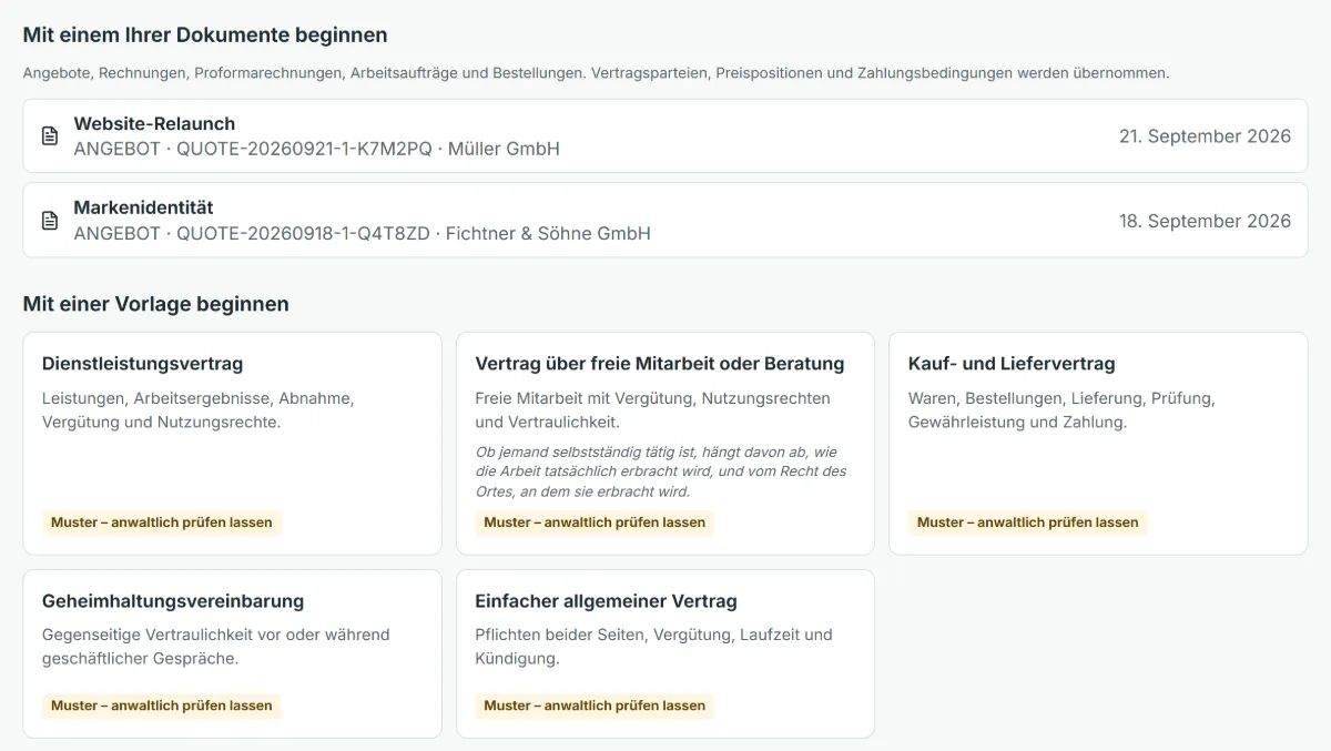 Die Seite für einen neuen Vertrag: zwei eigene Angebote als Ausgangspunkt und darunter fünf Mustervorlagen (Dienstleistung, freie Mitarbeit, Lieferung, Geheimhaltung und ein einfacher allgemeiner Vertrag).