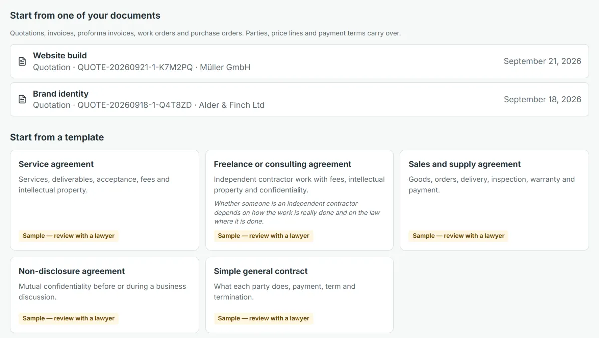 The new-contract page: two of the sender’s own quotations to start from, and below them five sample contracts (service, freelance, sales and supply, non-disclosure and a simple general contract).