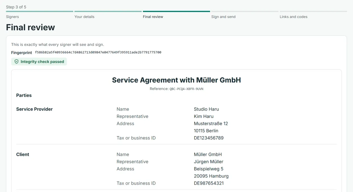 Step 3 of 5 of sending, “Final review”: the contract’s fingerprint, a green “Integrity check passed” note and the beginning of the exact text every signer will see.