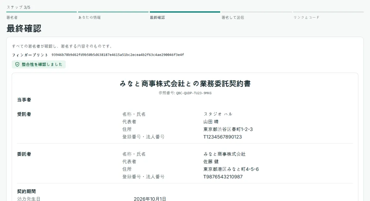 送信の5段階のうち3段階目「最終確認」の画面: 契約書のフィンガープリント、緑の「整合性を確認しました」の表示、署名者全員が見る契約書本文の冒頭です。