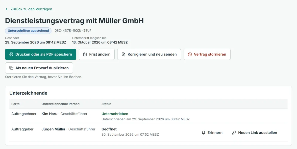 Statusseite eines gesendeten Vertrags: Er wartet auf Unterschriften (die absendende Seite hat unterschrieben, der Vertragspartner hat ihn nur geöffnet), mit Schaltflächen zum Erinnern, für einen neuen Link, zum Ändern der Frist und zum Stornieren.