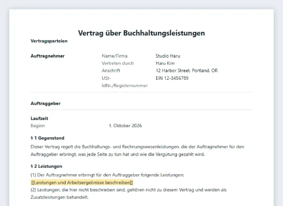 Erste Seite des Musters „Vertrag über Buchhaltungsleistungen“ mit markierten Lücken zum Ausfüllen