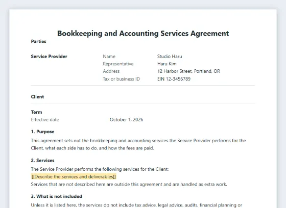 First page of the Bookkeeping and accounting services agreement sample, with the blanks to fill in marked