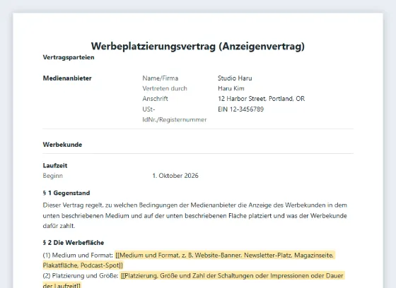 Erste Seite des Musters „Werbeplatzierungsvertrag (Anzeigenvertrag)“ mit markierten Lücken zum Ausfüllen