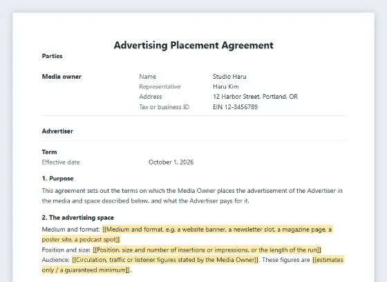 First page of the Advertising placement agreement sample, with the blanks to fill in marked
