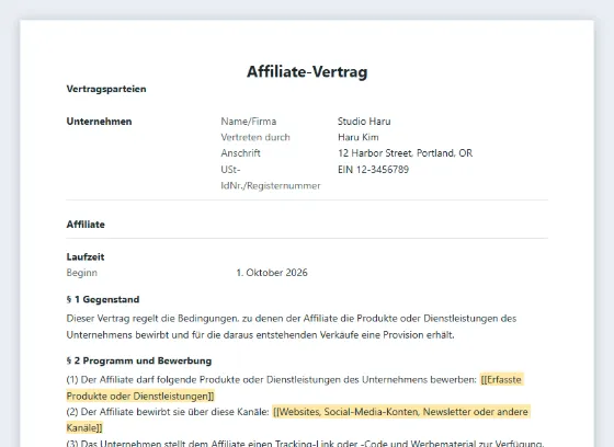 Erste Seite des Musters „Affiliate- oder Empfehlungsvertrag“ mit markierten Lücken zum Ausfüllen