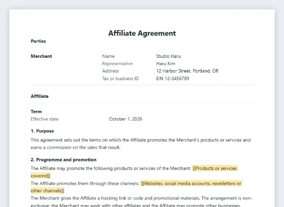 First page of the Affiliate or referral agreement sample, with the blanks to fill in marked