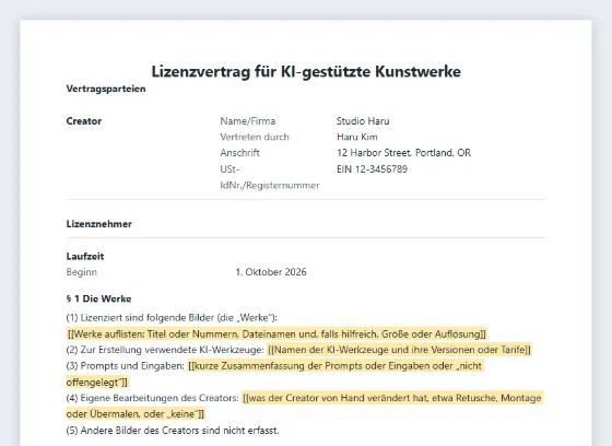 Erste Seite des Musters „Lizenzvertrag für KI-Bilder (KI-gestützte Kunstwerke)“ mit markierten Lücken zum Ausfüllen