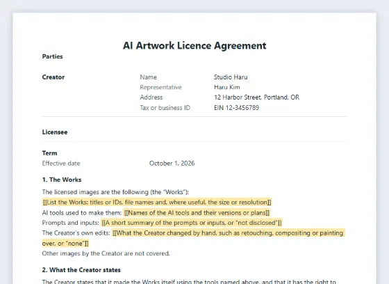 First page of the AI artwork licence agreement (AI-assisted images) sample, with the blanks to fill in marked