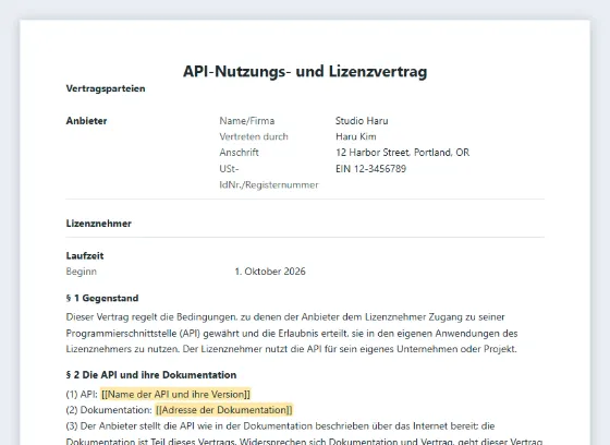 Erste Seite des Musters „API-Nutzungs- und Lizenzvertrag“ mit markierten Lücken zum Ausfüllen