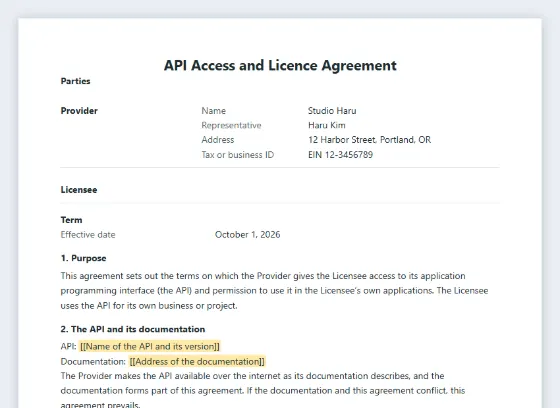 First page of the API access and licence agreement sample, with the blanks to fill in marked