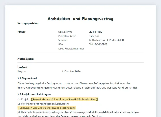 Erste Seite des Musters „Architekten- und Planungsvertrag“ mit markierten Lücken zum Ausfüllen