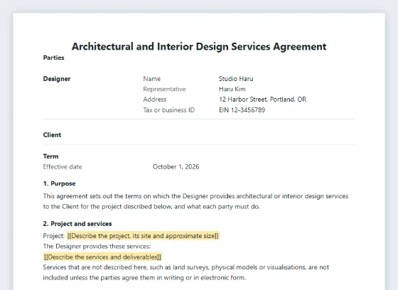 First page of the Architectural or interior design services agreement sample, with the blanks to fill in marked