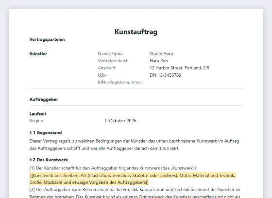 Erste Seite des Musters „Kunstauftrag (Illustration, Gemälde, Skulptur)“ mit markierten Lücken zum Ausfüllen