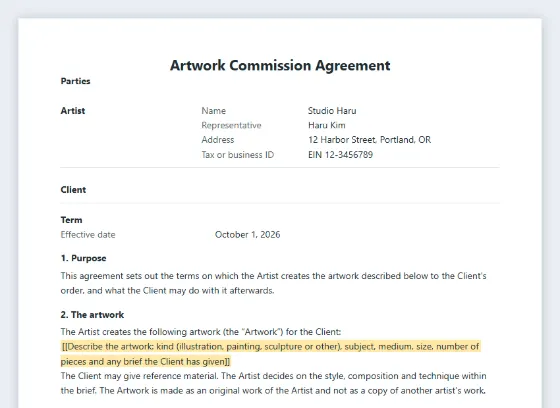 First page of the Artwork commission agreement sample, with the blanks to fill in marked