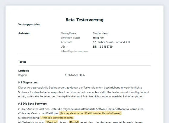 Erste Seite des Musters „Beta-Testervertrag“ mit markierten Lücken zum Ausfüllen