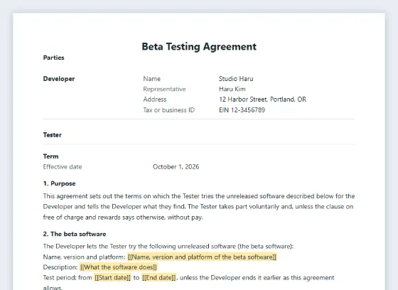 First page of the Beta testing agreement sample, with the blanks to fill in marked