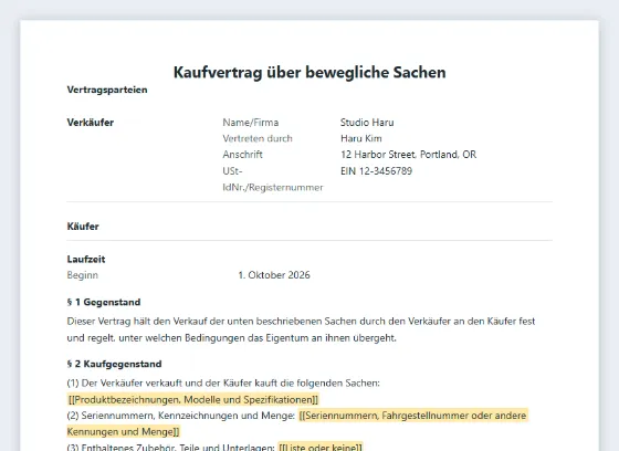 Erste Seite des Musters „Kaufvertrag über Waren oder Geräte“ mit markierten Lücken zum Ausfüllen