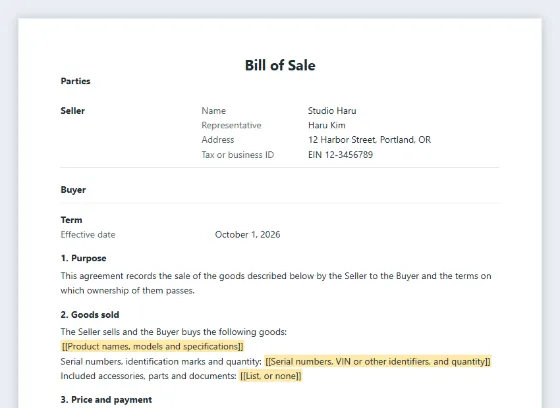 First page of the Bill of sale for goods or equipment sample, with the blanks to fill in marked