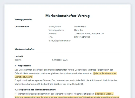 Erste Seite des Musters „Markenbotschafter-Vertrag (Testimonial)“ mit markierten Lücken zum Ausfüllen