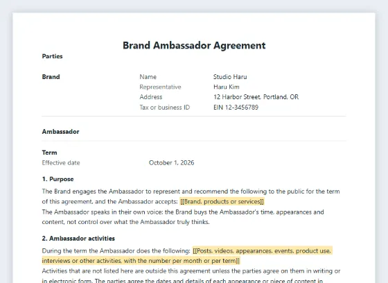 First page of the Brand ambassador or endorsement agreement sample, with the blanks to fill in marked