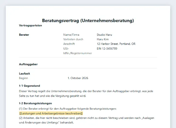 Erste Seite des Musters „Beratungsvertrag (Unternehmensberatung)“ mit markierten Lücken zum Ausfüllen