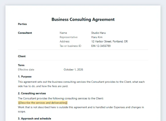 First page of the Business consulting agreement sample, with the blanks to fill in marked