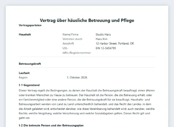 Erste Seite des Musters „Vertrag über häusliche Betreuung und Pflege“ mit markierten Lücken zum Ausfüllen
