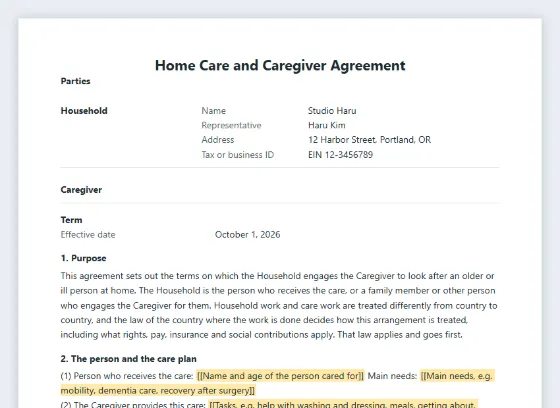 First page of the Home care and caregiver agreement sample, with the blanks to fill in marked