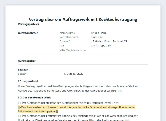 Erste Seite des Musters „Auftragswerk mit Rechteübertragung“ mit markierten Lücken zum Ausfüllen