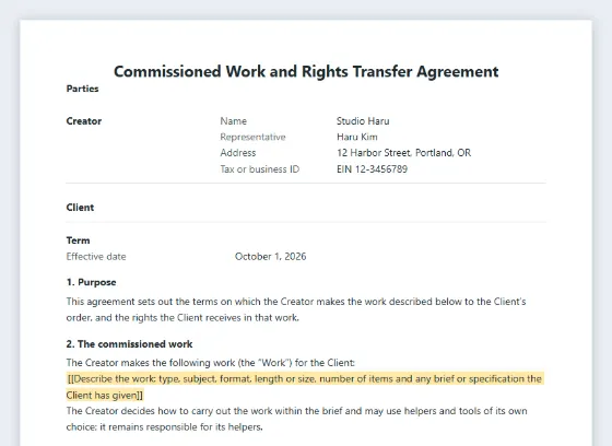 First page of the Commissioned work and rights transfer agreement sample, with the blanks to fill in marked