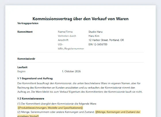 Erste Seite des Musters „Kommissionsvertrag (Verkaufskommission)“ mit markierten Lücken zum Ausfüllen