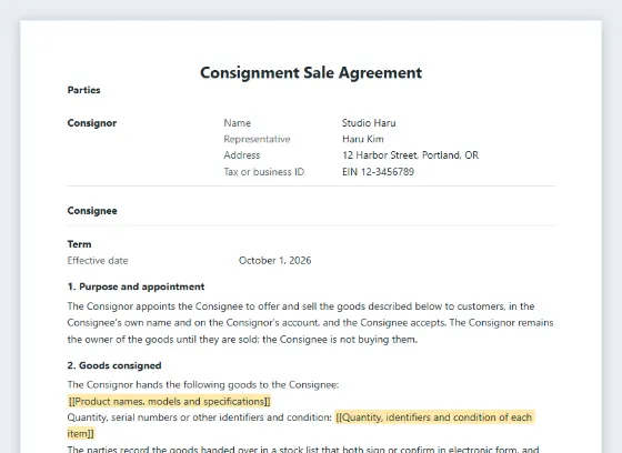 First page of the Consignment sale agreement sample, with the blanks to fill in marked
