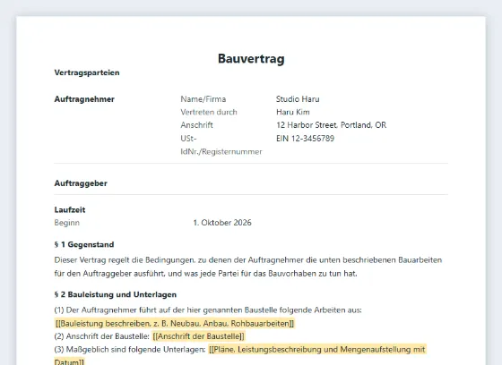 Erste Seite des Musters „Bauvertrag“ mit markierten Lücken zum Ausfüllen