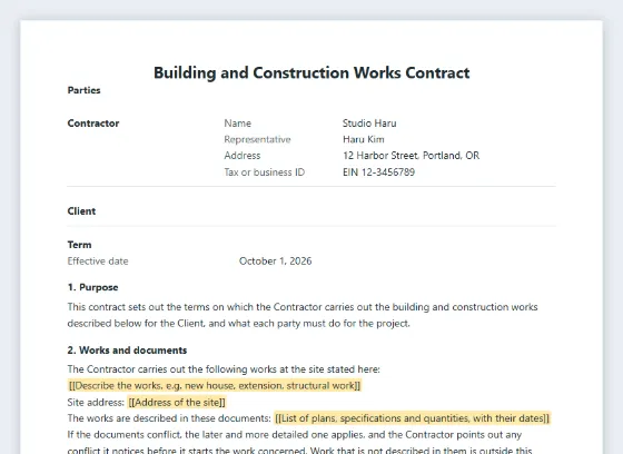First page of the Building and construction works contract sample, with the blanks to fill in marked