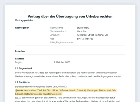 Erste Seite des Musters „Urheberrechtsübertragung (Rechteeinräumung)“ mit markierten Lücken zum Ausfüllen