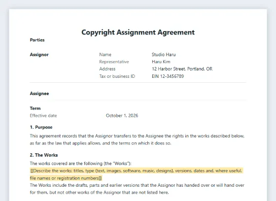 First page of the Copyright assignment agreement sample, with the blanks to fill in marked