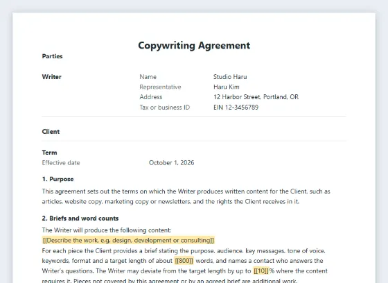 První strana vzoru „Smlouva o copywritingu“ s vyznačenými místy k vyplnění