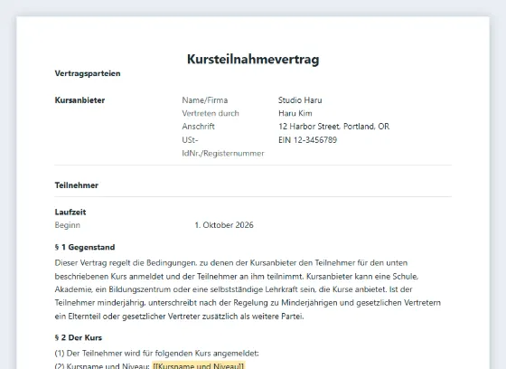 Erste Seite des Musters „Kursteilnahmevertrag“ mit markierten Lücken zum Ausfüllen