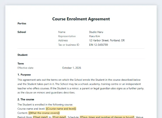 First page of the Course enrolment agreement sample, with the blanks to fill in marked