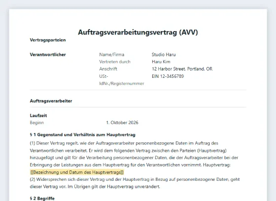 Erste Seite des Musters „Auftragsverarbeitungsvertrag (AVV)“ mit markierten Lücken zum Ausfüllen