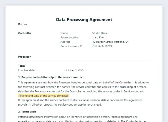First page of the Data processing agreement (DPA) sample, with the blanks to fill in marked