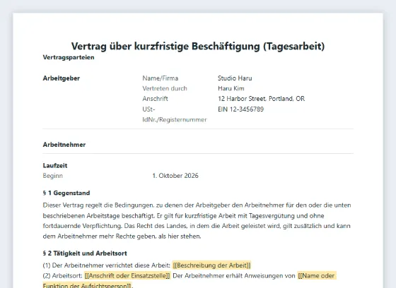 Erste Seite des Musters „Vertrag über kurzfristige Beschäftigung (Tagesarbeit)“ mit markierten Lücken zum Ausfüllen