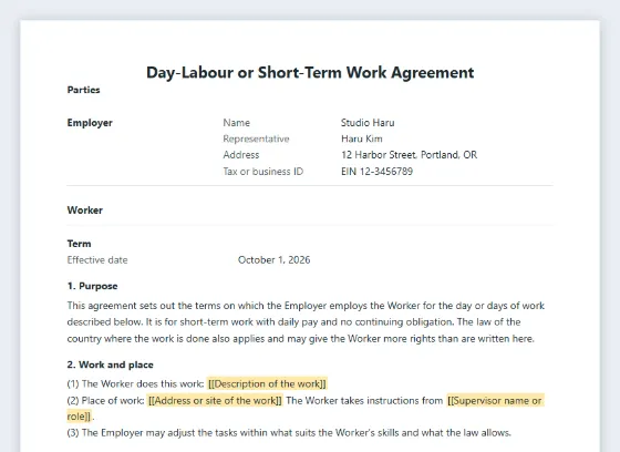 First page of the Day-labour or short-term work agreement (daily pay) sample, with the blanks to fill in marked