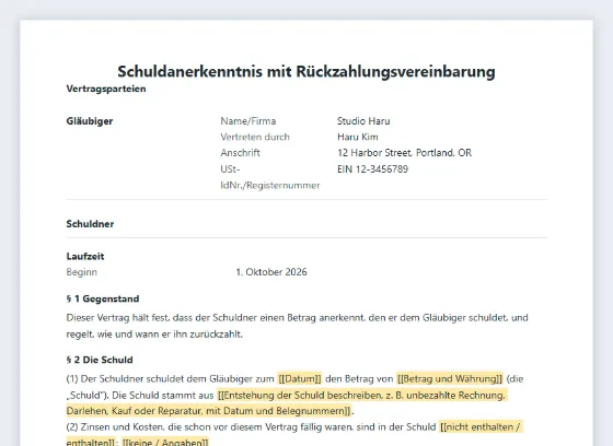 Erste Seite des Musters „Schuldanerkenntnis mit Rückzahlungsvereinbarung“ mit markierten Lücken zum Ausfüllen